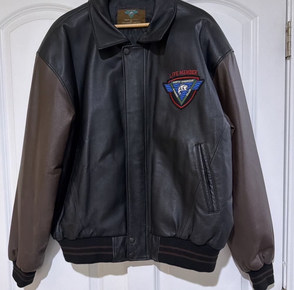 North American Fishing Club Life Members Sz L Bomber Jacket Black Brown Lined